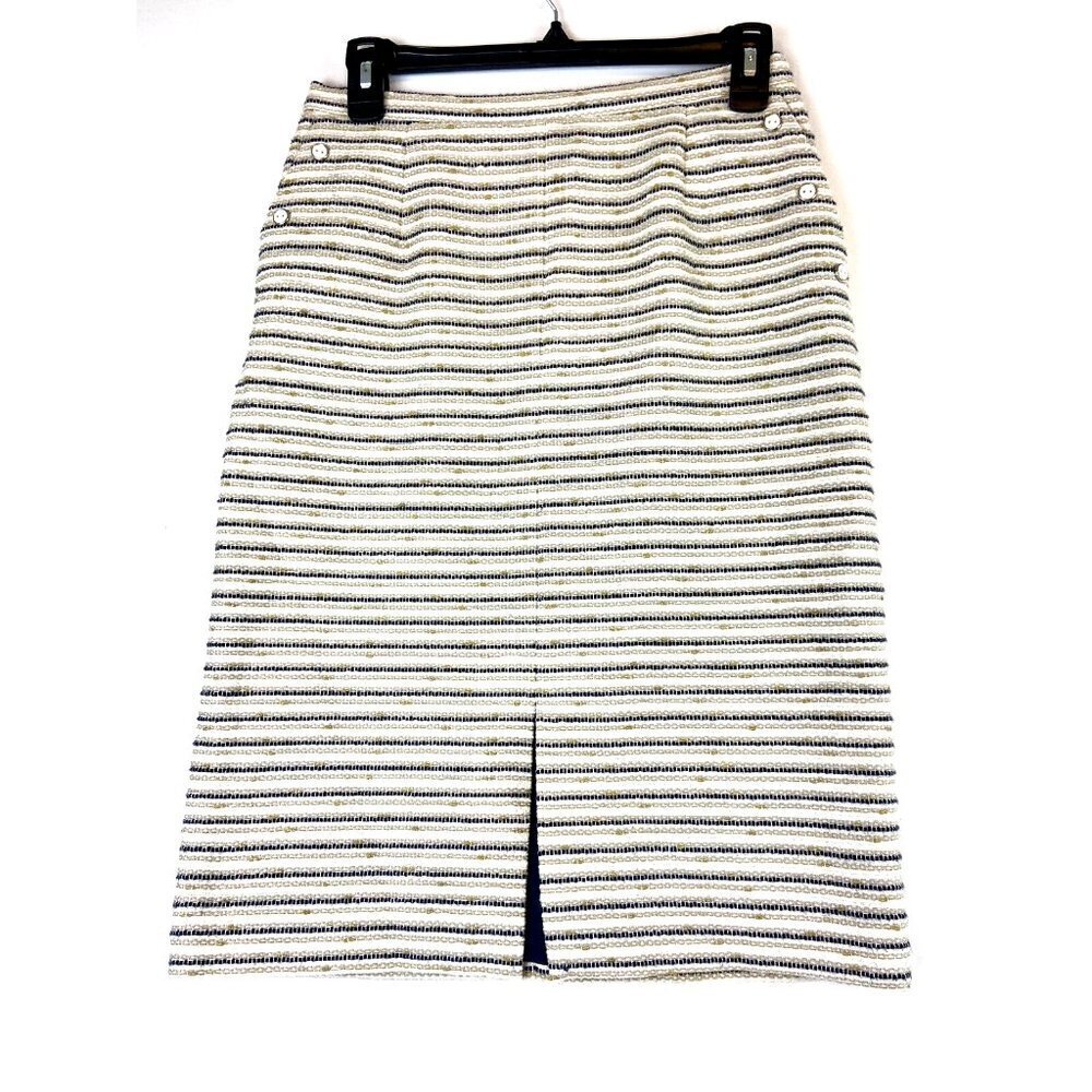 Eastex Women Pencil Tweed White Gold Blue Striped Skirt Size 8